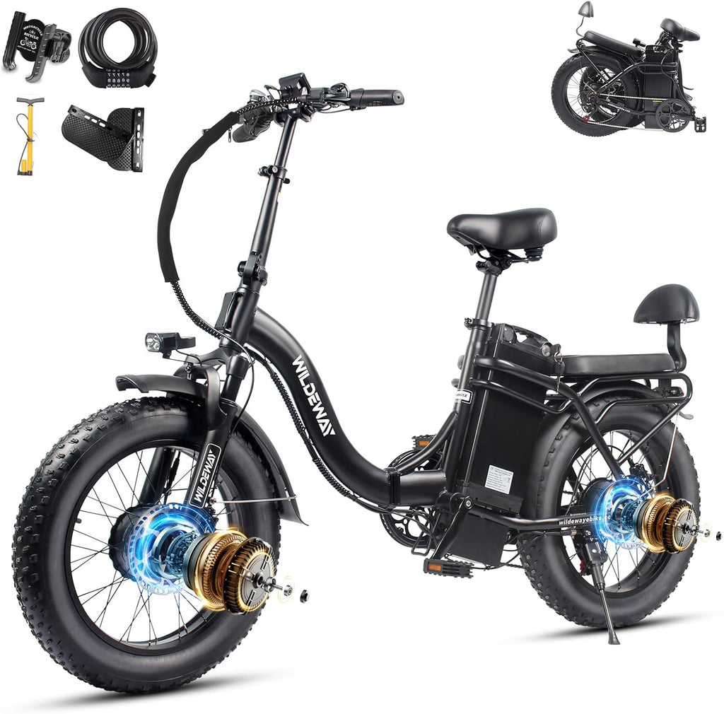 Wildeway 2000W Dual Motor Electric Bike SummitX 32Ah Battery E-Bike 90 Miles Long Range 28MPH Foldable 20x4.0 Fat Tire Ebike for Adult Hydraulic Brake Delivery Commuting Bicycle 2 Seat