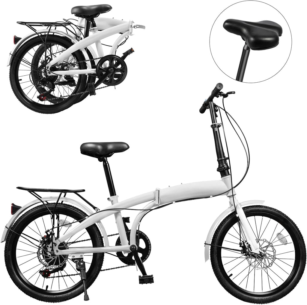 20' Foldable Bicycle, 7 Speed Non-Slip Folding Bike W/Dual Disc Brake & Adjustable Design, Folding Bikes for Adult City Commuter Bicycle