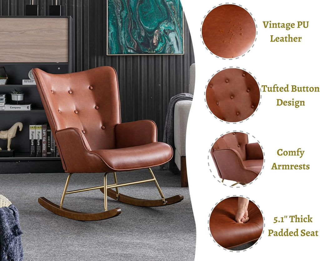 EALSON Nursery Rocking Chair Leather Upholstered Lounge Chair Tufted Wingback Accent Rocker Chair with Wooden Base Modern Comfy Armchair for Bedroom Living Room,PU Brown