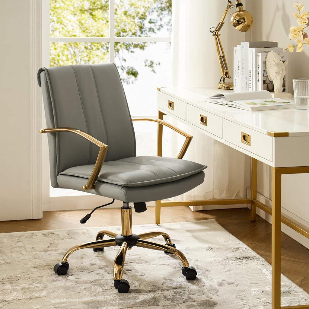 HULALA HOME Faux Leather Office Chair, Modern Adjustable Swivel Rocking Rolling Wheels Computer Desk Chair with Gold Legs and Arms, Upholstered Study Chair (Grey)