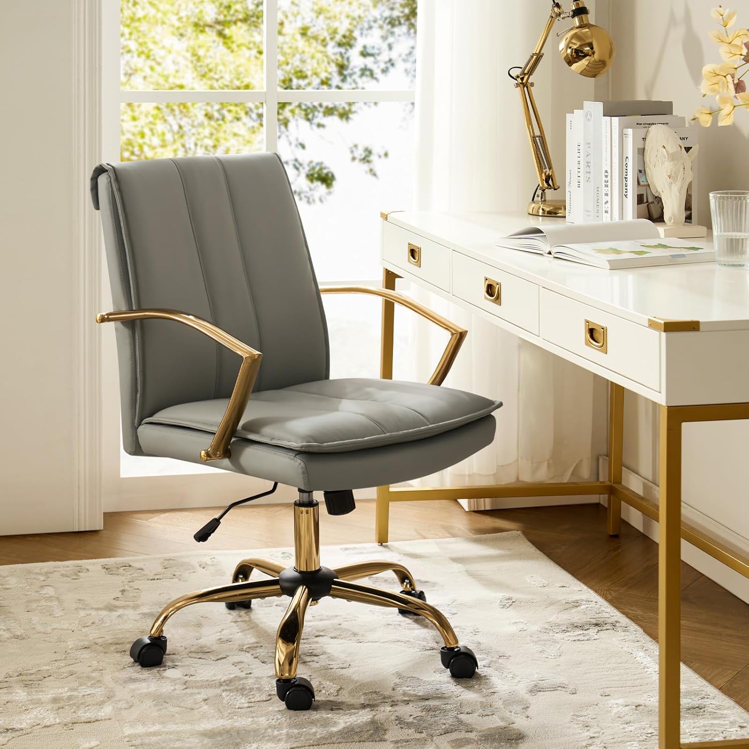 HULALA HOME Faux Leather Office Chair, Modern Adjustable Swivel Rocking Rolling Wheels Computer Desk Chair with Gold Legs and Arms, Upholstered Study Chair (Grey)