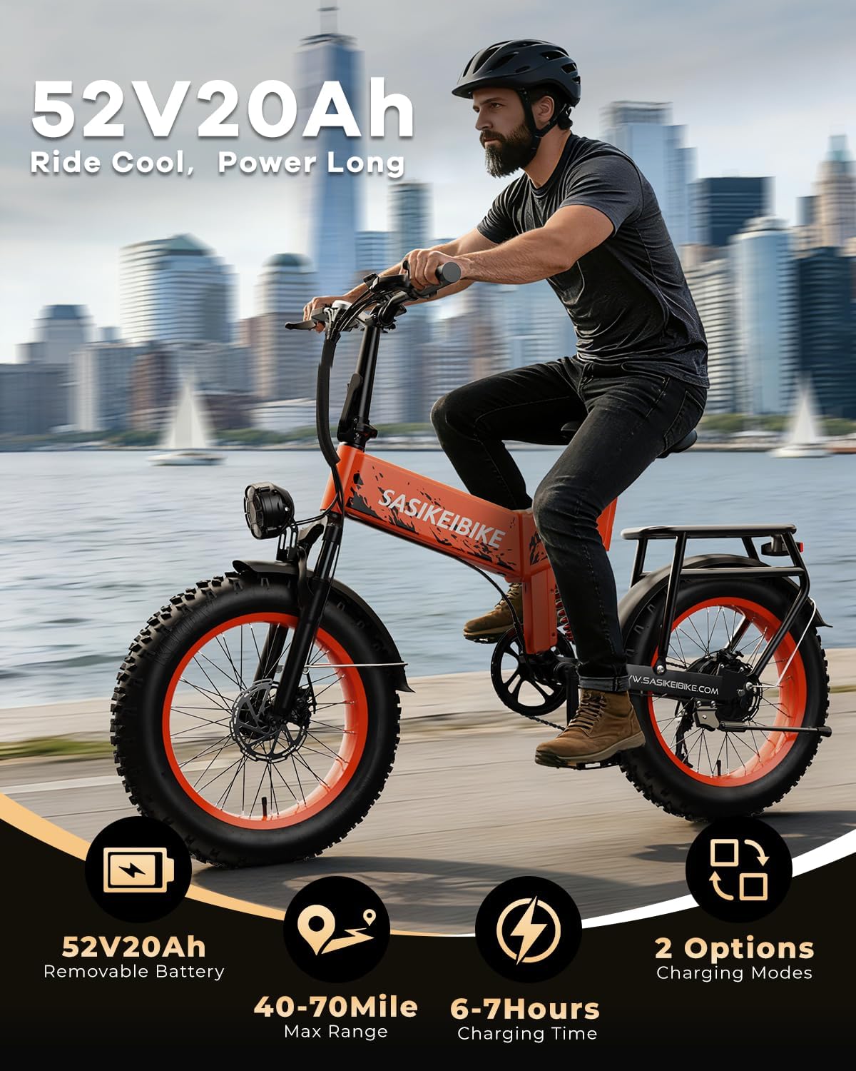 SASIKEIBIKE 1500W Folding Electric Bike for Adult,52V20Ah Removable Battery Ebike with 70Mile Max,20' x4.0 Fat Tire E-Bike, Foldable Dual Suspension Electric Bicycle for Commute,Mountain