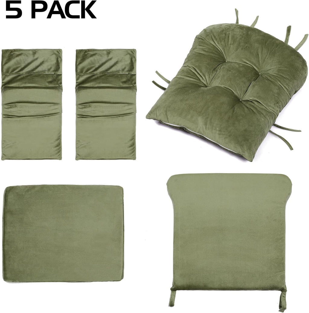 Lucky Monet 5Pcs Glider Rocker Replacement Cushions - Velvet Glider Cushions Replacement Set with Side Storage Pockets, Thick Glider Chair Cushions Washable & Non Slip, Cushion ONLY - Green