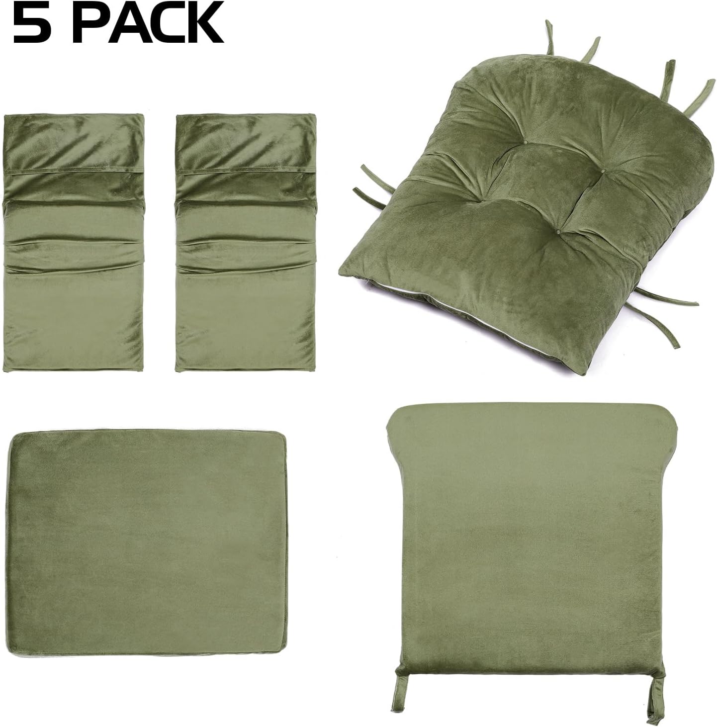 Lucky Monet 5Pcs Glider Rocker Replacement Cushions - Velvet Glider Cushions Replacement Set with Side Storage Pockets, Thick Glider Chair Cushions Washable & Non Slip, Cushion ONLY - Green