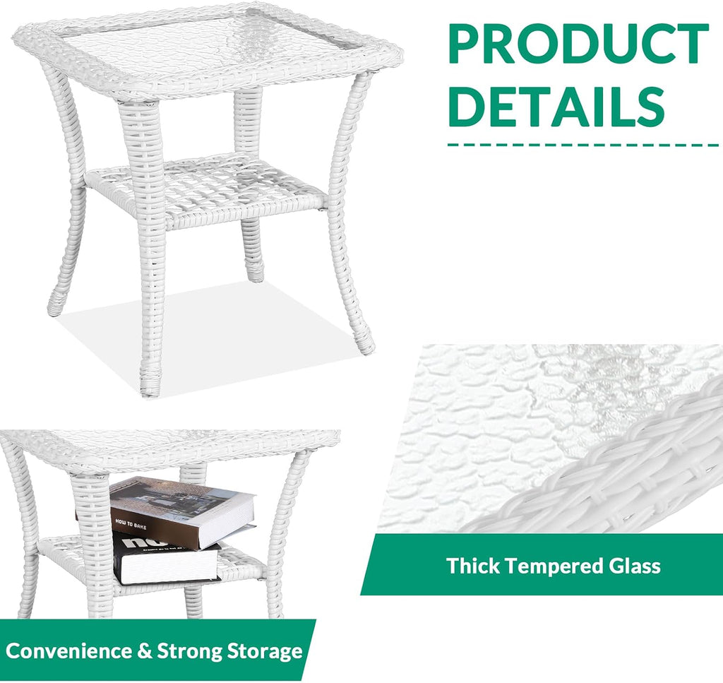 VIVIJASON 3-Piece Outdoor Conversation Bistro Set, Patio Swivel Glider Rocking Chairs Rattan Furniture Sets w/ 2 White Rattan Chairs, Glass Top Side Table for Porch Backyard, Navy Blue Cushions