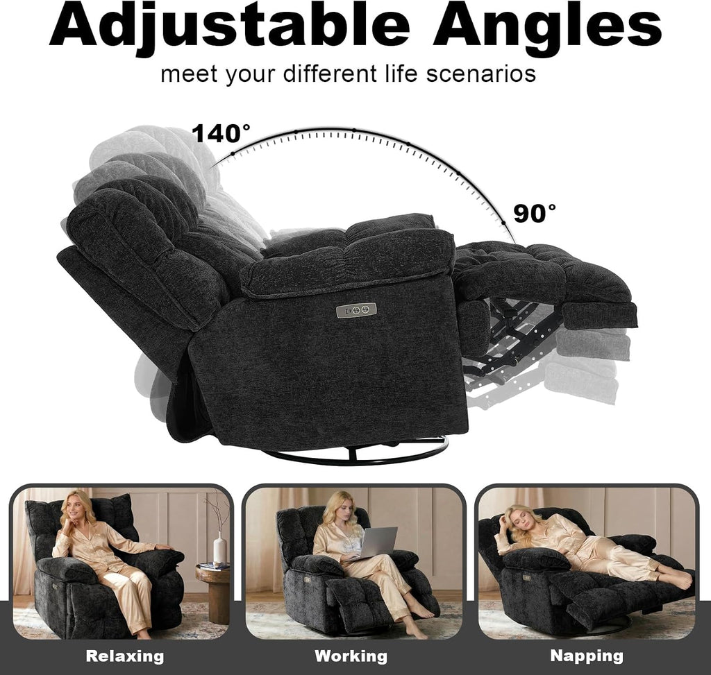 GINGO Power Oversized Recliner Chair, Extra Wide Swivel Rocking Recliner Chair, Breathable Soft Fabric Modern Single Sofa for Living Room, 90°-140° Electric Adjustable Angle, USB & Type-C Port, Black