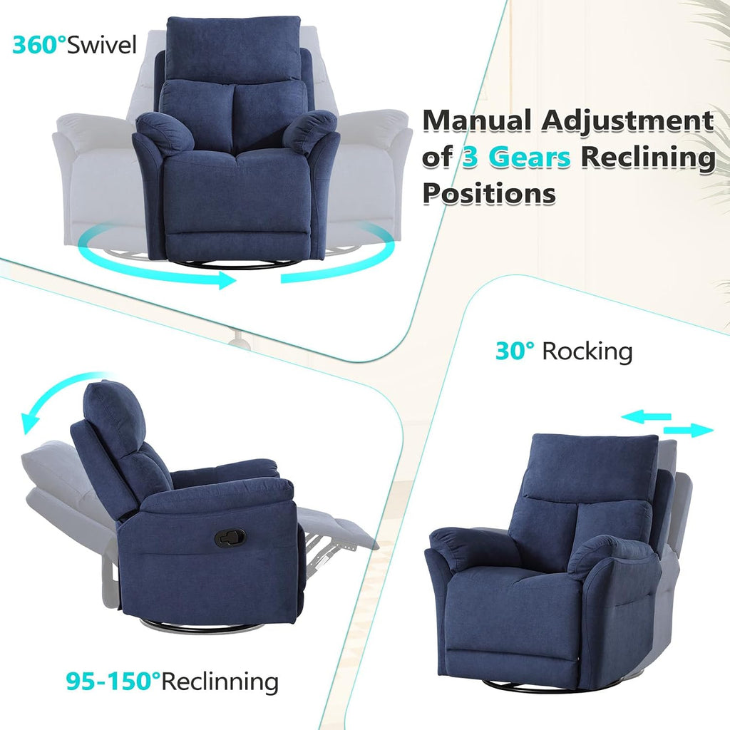ANJ Swivel Rocker Recliner Chair, Manual Fabric Glider Nursery Recliner Chair, Single Rocking Modern Sofa Home Theater Seating for Living Room, Nursery (Blue)