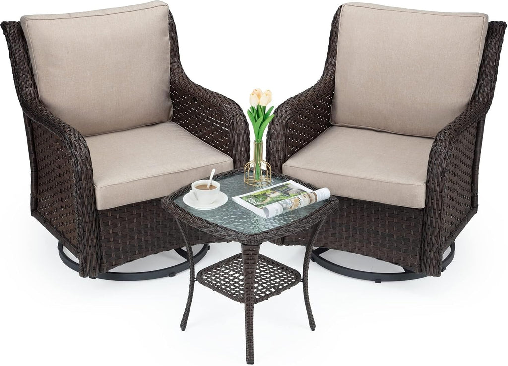 Outdoor Porch Chairs with Table, 3-Piece Wicker Glider Rocking Chair Set, 360° Swivel Patio Furniture with 4' Thick Cushions for Porch, Deck, Balcony