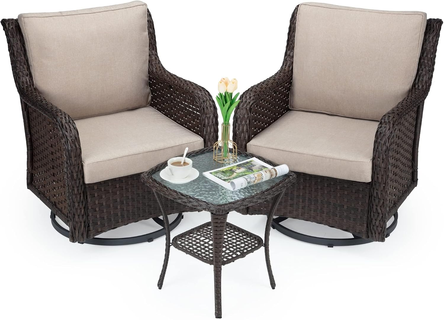 Outdoor Porch Chairs with Table, 3-Piece Wicker Glider Rocking Chair Set, 360° Swivel Patio Furniture with 4' Thick Cushions for Porch, Deck, Balcony