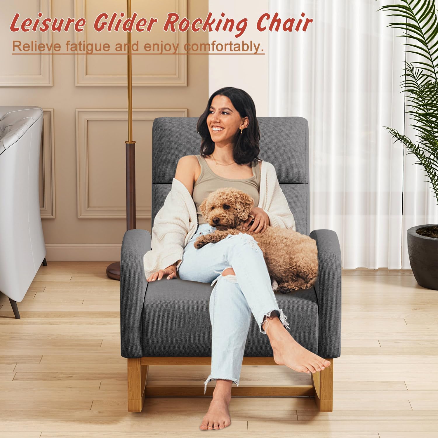 Gaussen Glider Rocking Chair Nursery Comfy Accent Chair with High Backrest Upholstered Living Room Chairs with Pocket Armchair Reading Chair for Bedroom Nursery Office (Grey)