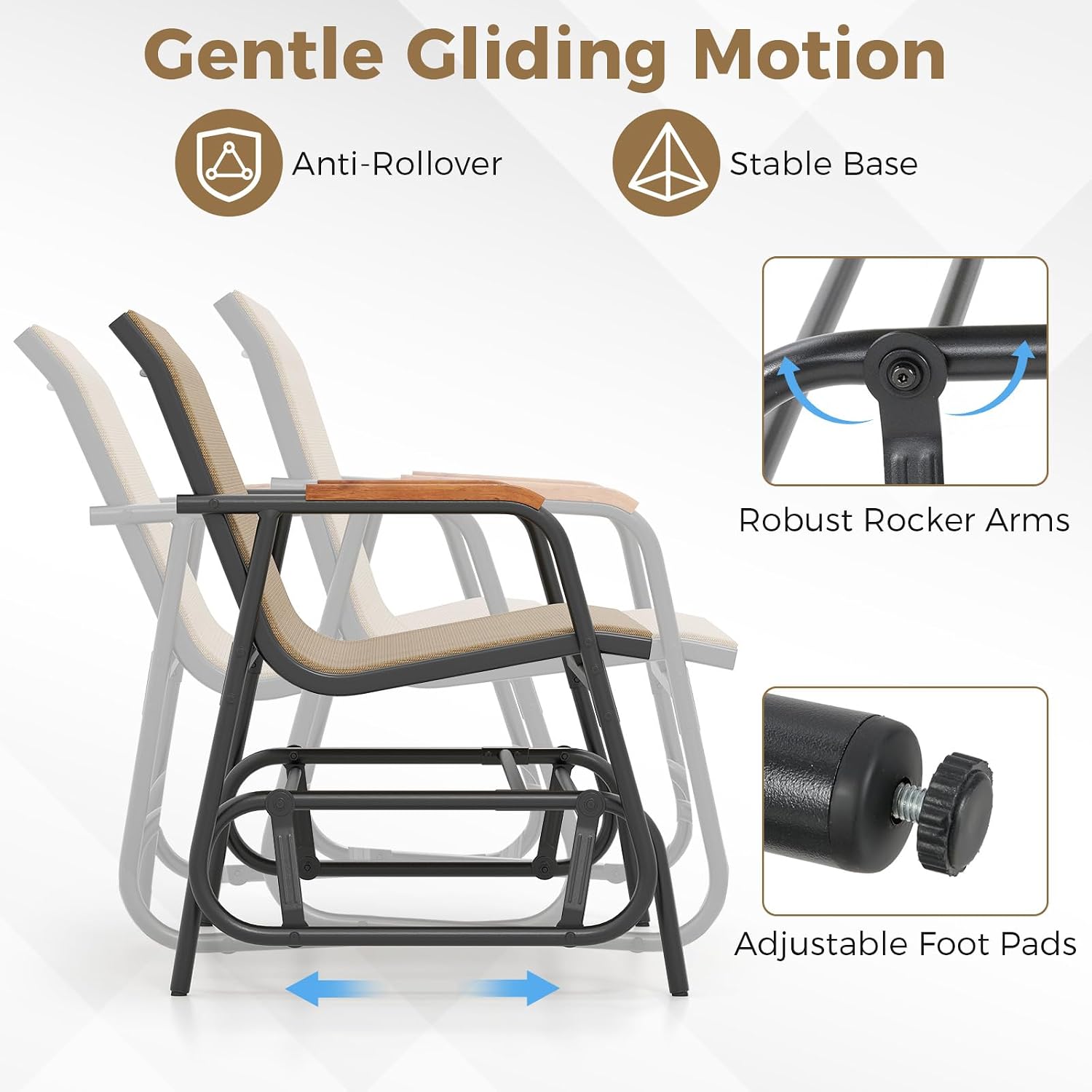 Tangkula 2-Person Outdoor Glider Bench, Patio Gliding Loveseat with Breathable Fabric Seat, Curved Teak Wood Armrests and Metal Frame, Swing Rocking Chair for Backyard, Garden, Porch, Balcony (2 Seat)