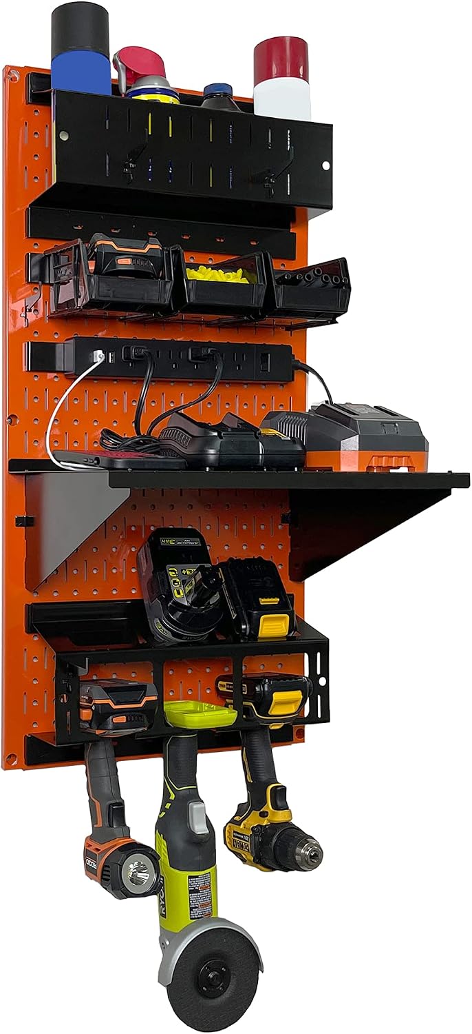 Wall Control Power Tool Storage Organizer Kit Cordless Drill Holder Charging Station Rack 16' x 32' Metal Pegboard Organization System (Orange Pegboard)