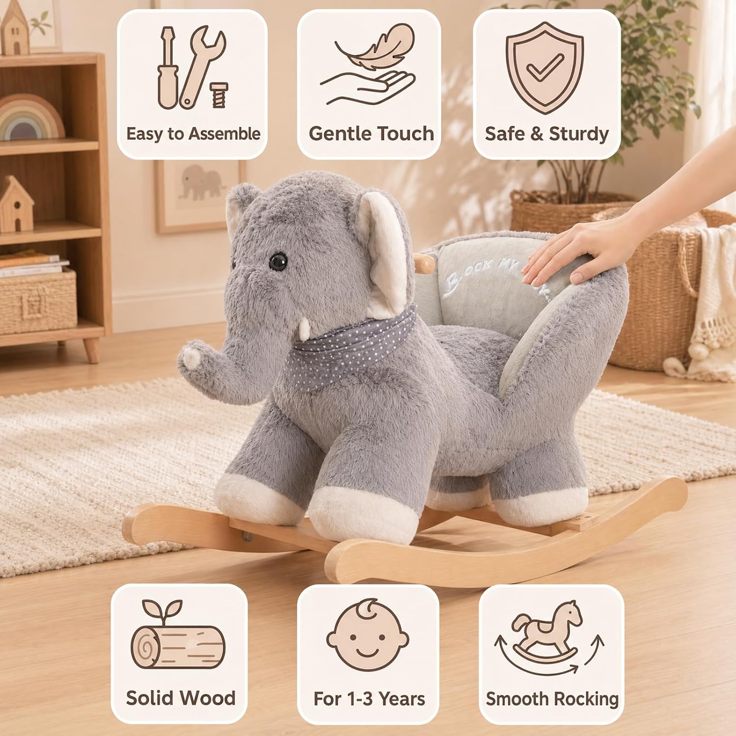 Baby Rocking Elephant, Plush Toddler Rocker with Music & Safety Seat, Sturdy Wooden Ride-On Toy for 1-3 Years, Soft Animal Rocking Horse, CPC Certified (Gray Elephant)