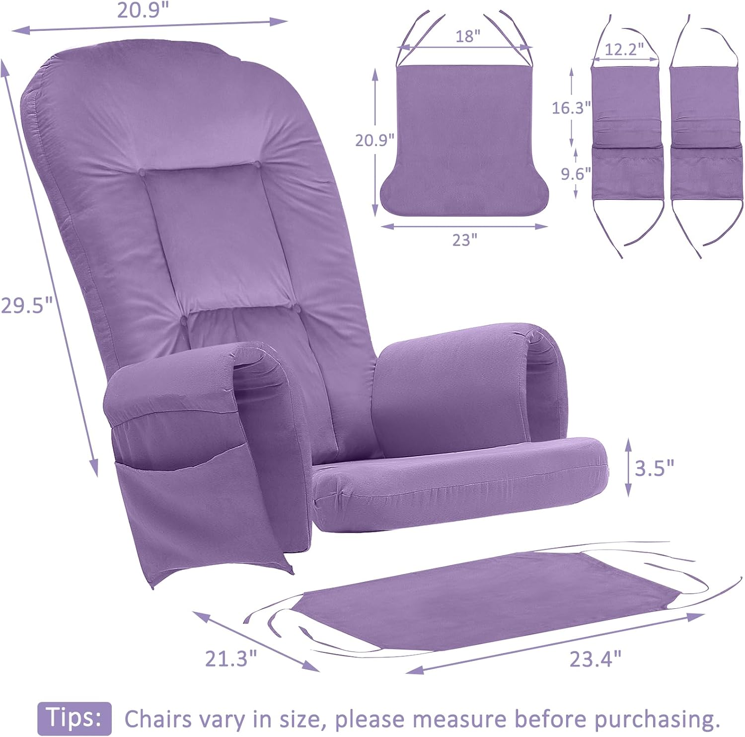 BECHAEO 5PCS Velvet Glider Rocker Replacement Cushions with Ottoman Cover Soft Thicken Rocking Chair Cushion Set for Indoor Nursery Glider Rocking Chair, Lavender