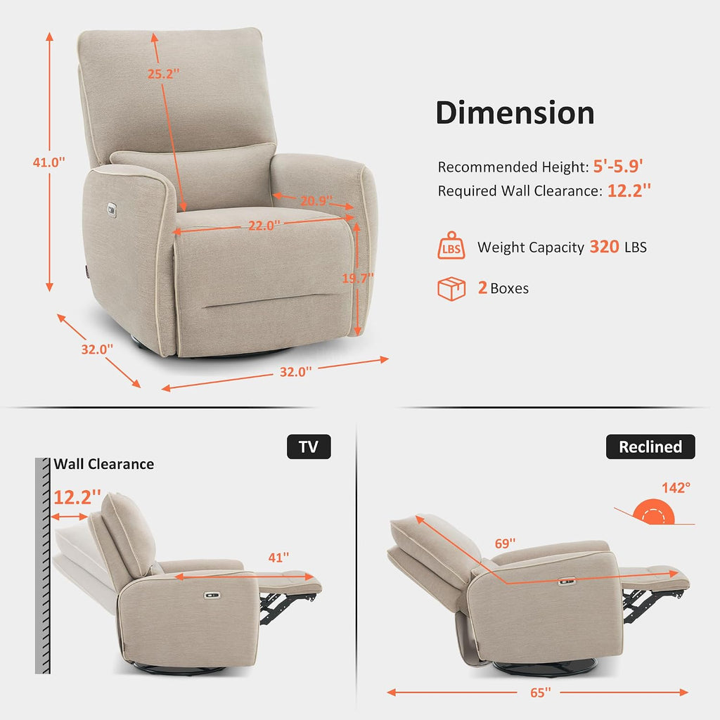 MCombo Swivel Glider Rocker Power Recliner Chair, Electric Swivel Rocker Recliner with USB Charging Ports for Living Room and Nursery, Fabric 6922 (Beige)