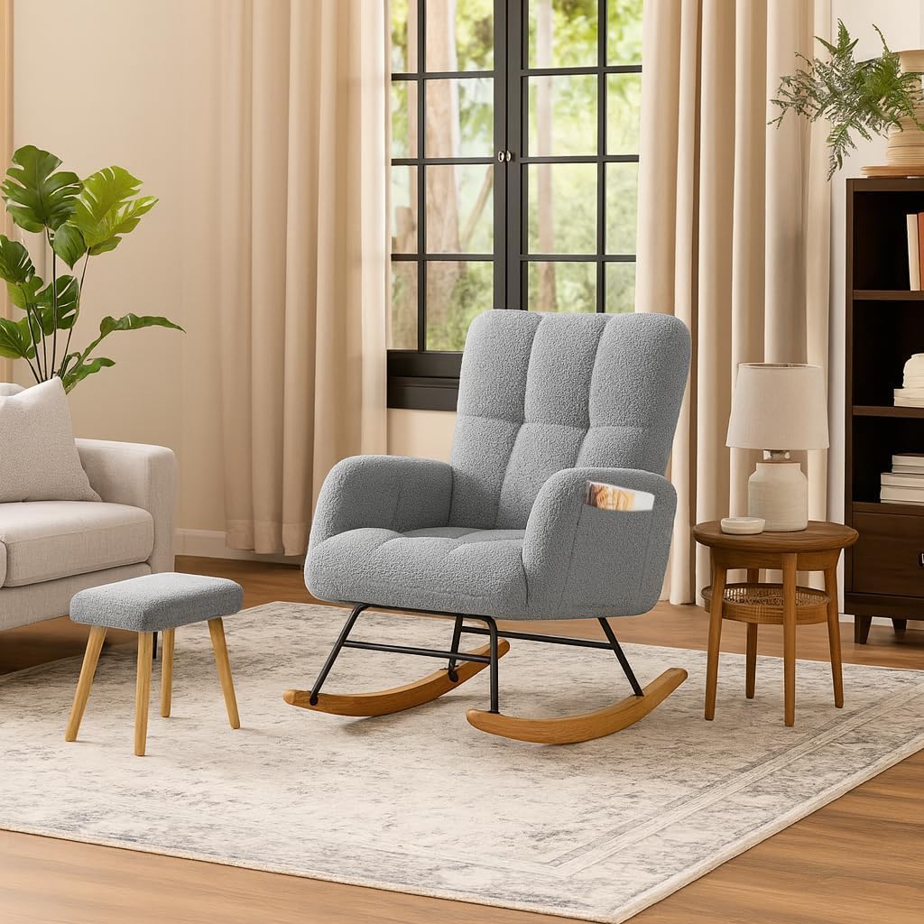 COMHOMA Nursery Rocking Chair with Ottoman, Teddy Glider Rocking Chair, Accent Chair with High Backrest Reading Chair for Adult, Nursery, Bedroom, Living Room, Offices (Gray with Ottoman)