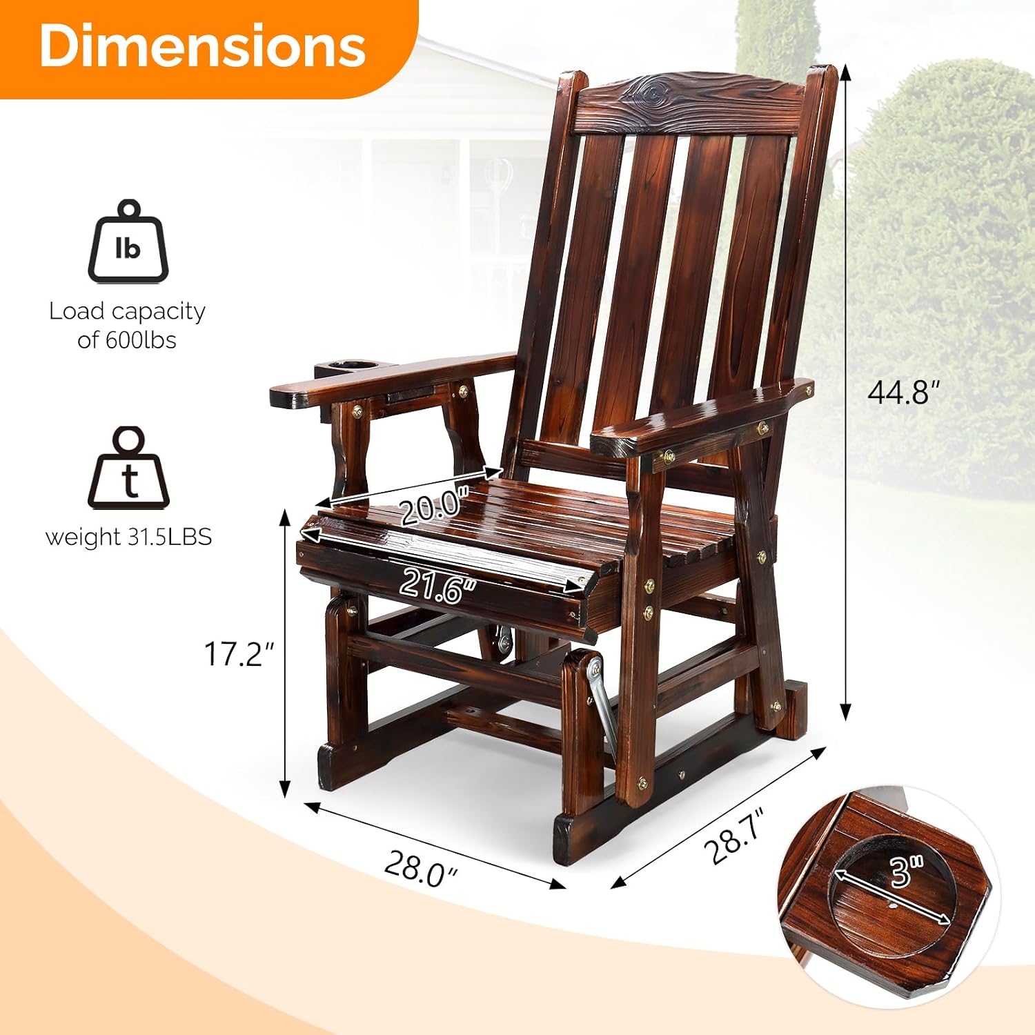 VINGLI Wooden Patio Glider, Heavy Duty 600 LBS Outdoor Glider with Cup Holders, Single Wooden Glider Bench with High Backrest for Garden, Yard, Patio, Rustic