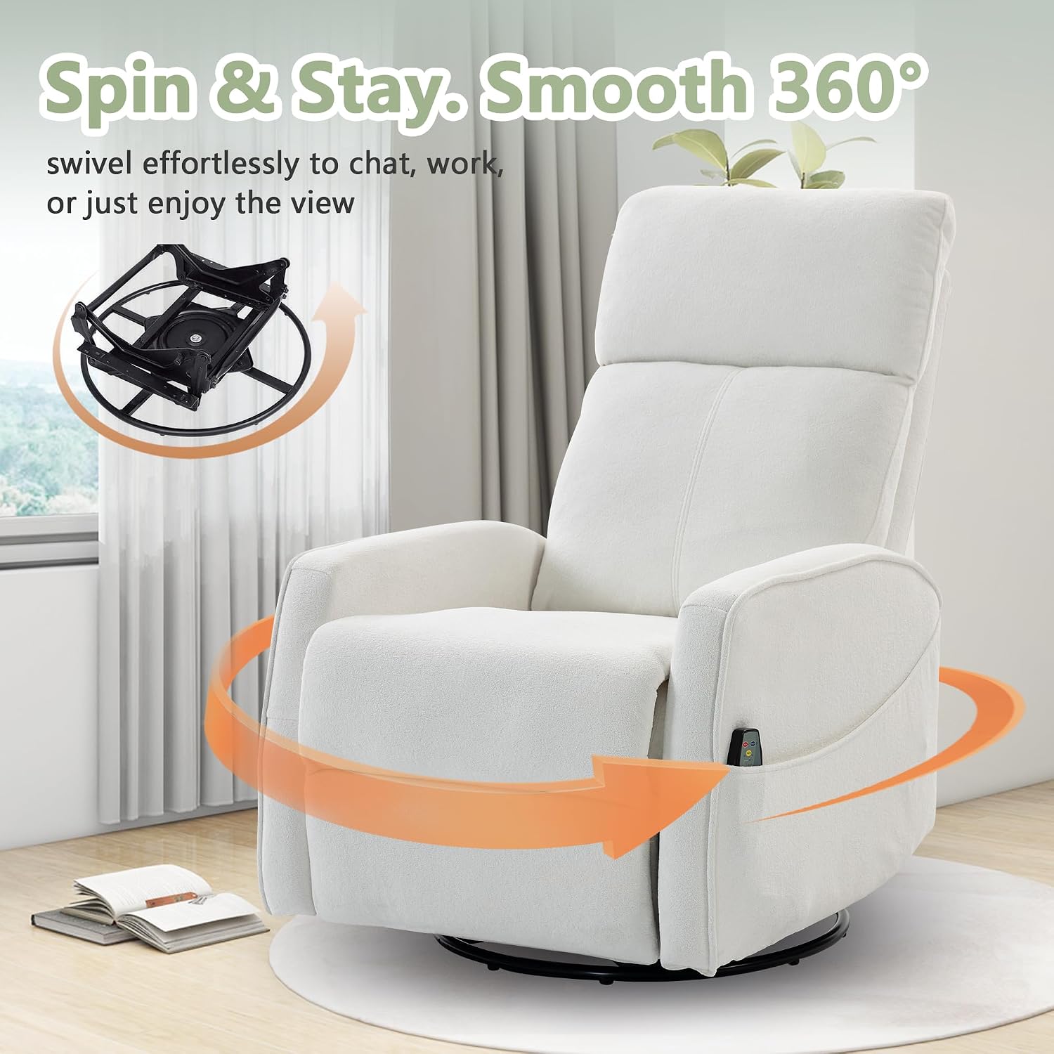 cinkehome Heated Massage Swivel Rocker Recliner Chair for Nursery - Small Space Reclining Chair with Lumbar Support, 360° Swivel & Gentle Rocking, Ergonomic High Back Short Plush Cream White