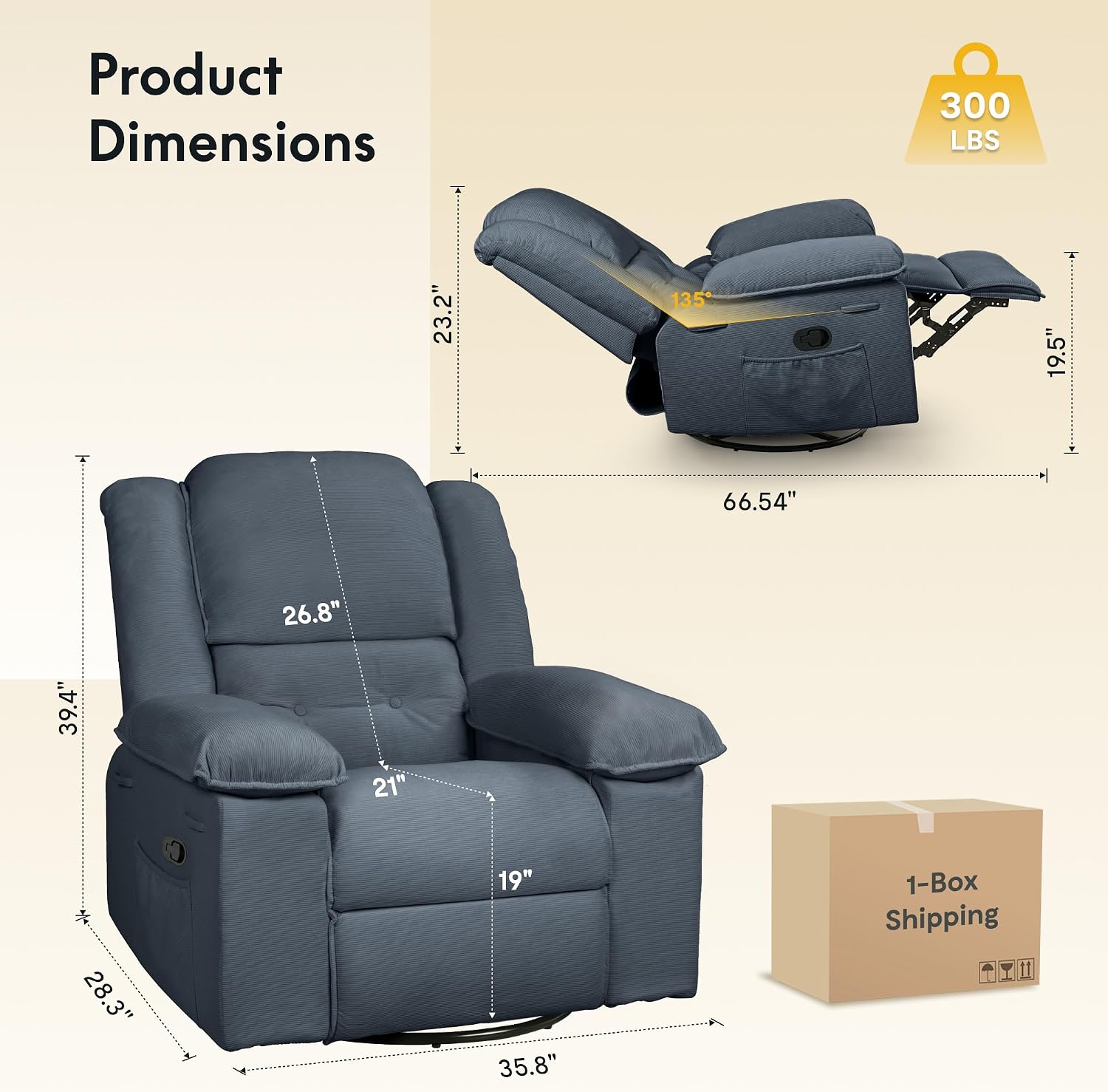 Softa Swivel Rocker Recliner Chair for Adults with Massage & Heat, 360° Swivel Manual Glider Recliner with Side Pocket, Compact Living Room Apartment Reclining Chair (Blue-Grey)