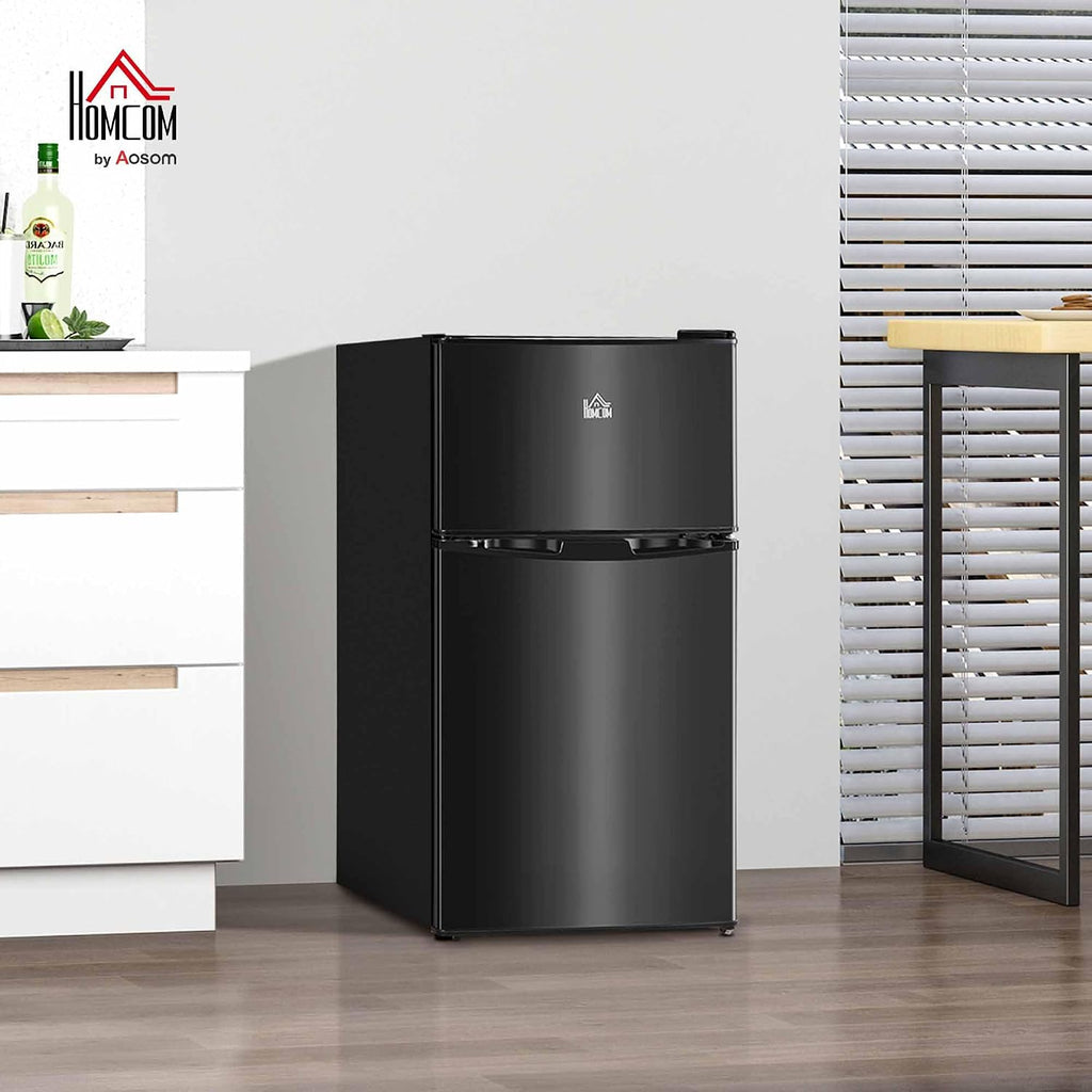 HOMCOM 3.2 Cu.Ft Mini Fridge with Freezer, Compact Refrigerator with Adjustable Thermostat, Shelf and Double Reversible Door for Bedroom, Dorm, Home Office, Energy Efficient, Black