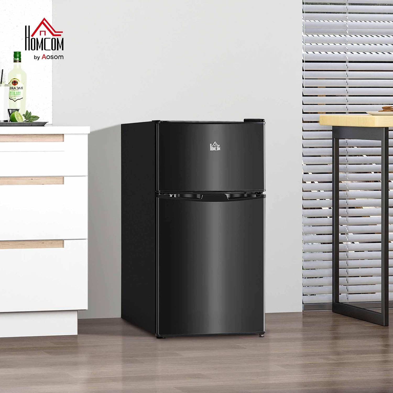 HOMCOM 3.2 Cu.Ft Mini Fridge with Freezer, Compact Refrigerator with Adjustable Thermostat, Shelf and Double Reversible Door for Bedroom, Dorm, Home Office, Energy Efficient, Black