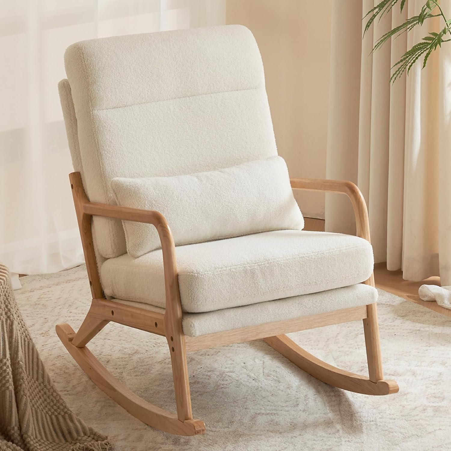 Karl home Nursery Rocking Chair Removable Glider Rocker High Backrest Rocking Armchair Mid-Century Accent Chair with Lumber Pillow for Bedroom, Living Room, Nursery, Creamy-White