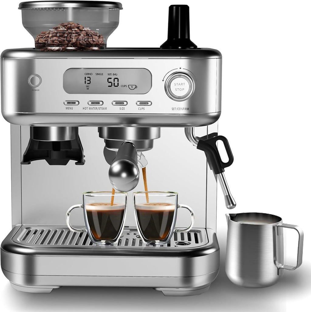 GarveeLife Espresso Machine with Grinder, Professional Coffee and Espresso Maker Combo, Stainless Steel Cafe Espresso Machine with Steam Wand Barista Kit for Cappuccino Latte