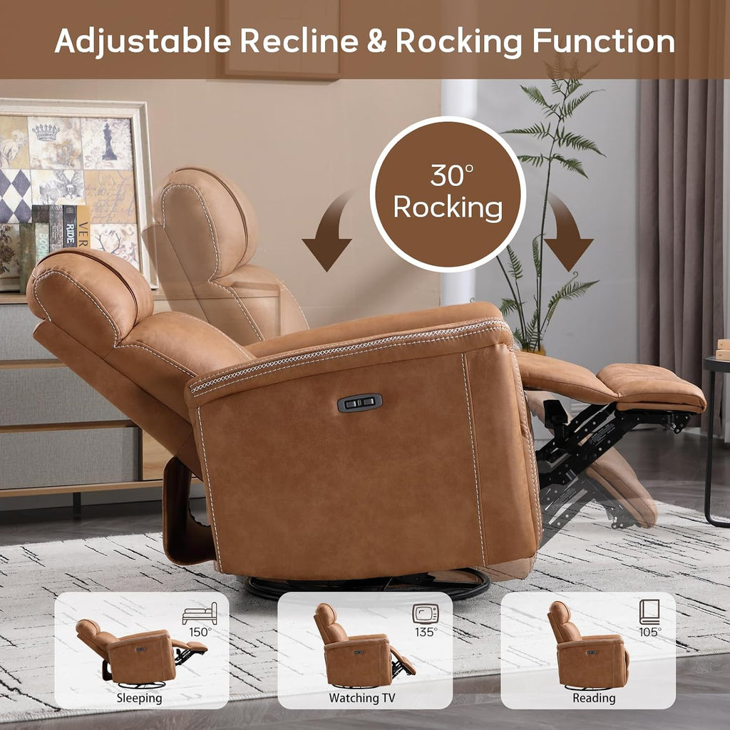 CANMOV Faux Leather Power Swivel Rocker Recliner,Glider Recliner for Nursery,Electric Swivel Rocker with USB Port,Upholstered Nursery Glider Reclining Sofa for Living Room,Brown1