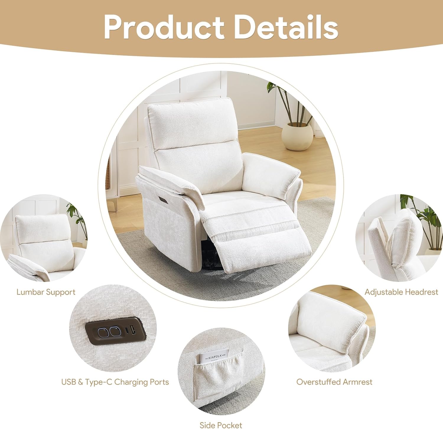 Oversized Rocking Chair Nursery with Massage and Heat, Glider Recliner Nursery Chair with Adjustable Headrest, Power Swivel Rocker Recliner Chair with USB Port, White