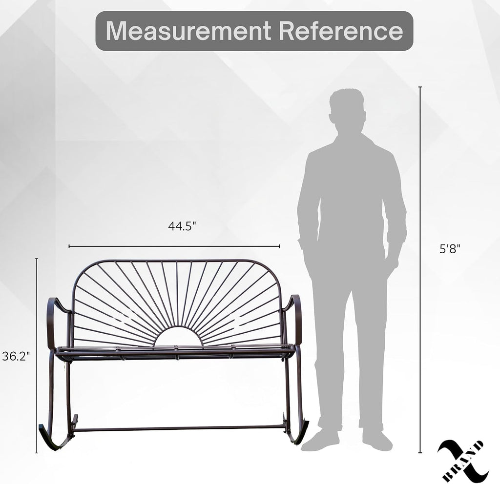 XBrand Outdoor Iron Glider Rocking Bench, Weather-Resistant Patio Glider Rocking Chair with Sun-Pattern Backrest, Heavy-Duty Porch Garden Seating for Yard & Patio, Brown