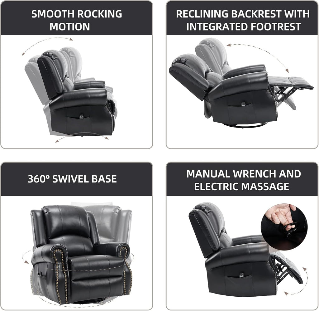 PELUMY Breathable Leather Swivel Rocking Recliner Chair for Adults, 360° Swivel Glider Rocker with Heat & Vibrating Massage, Lounge Chair for Living Room, Bedroom, Nursery (Black)