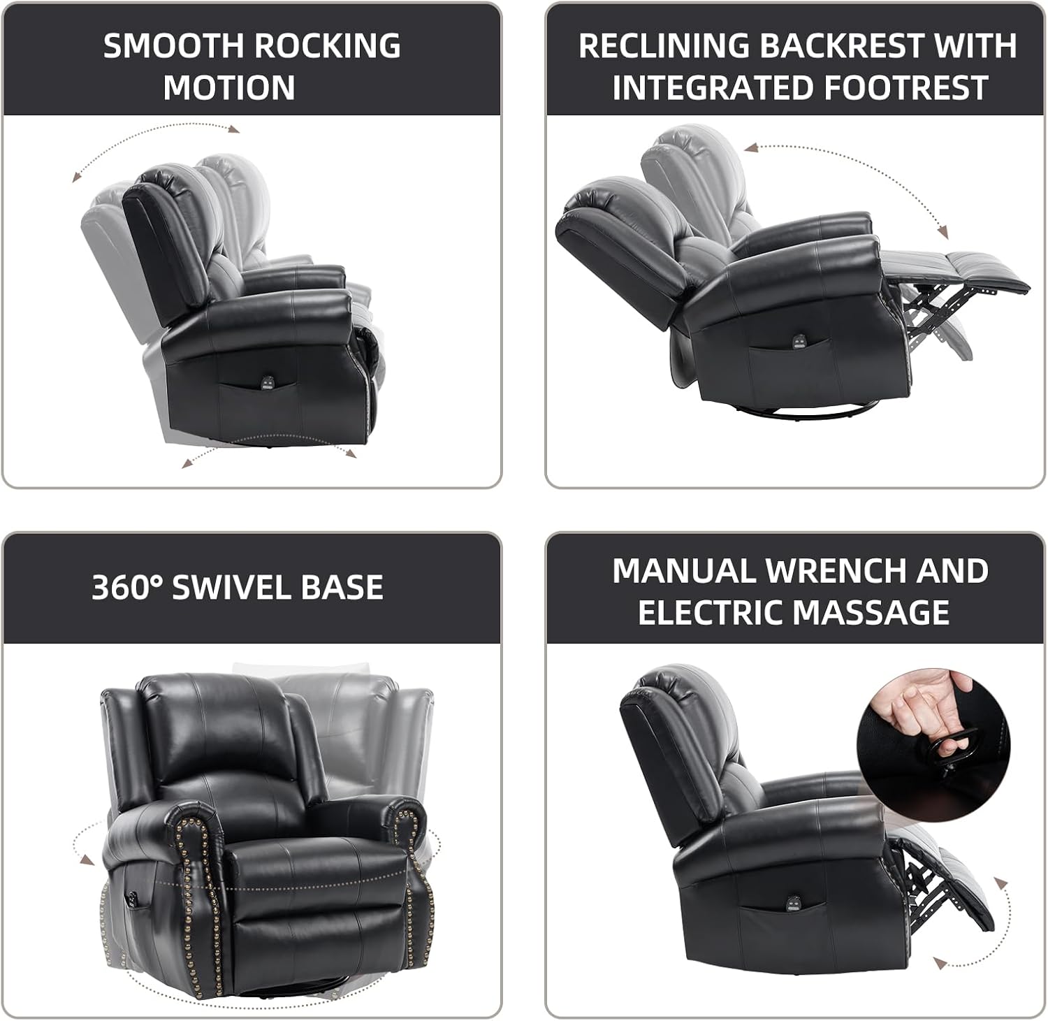 PELUMY Breathable Leather Swivel Rocking Recliner Chair for Adults, 360° Swivel Glider Rocker with Heat & Vibrating Massage, Lounge Chair for Living Room, Bedroom, Nursery (Black)