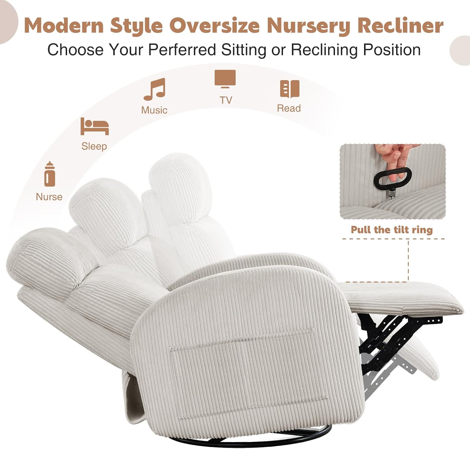 Swivel Recliner Rocker Nursery, Nursering Glider Recliner, Manual Swivel Rocking Reclining with Double Pockets for Living Room,Corduroy Camel