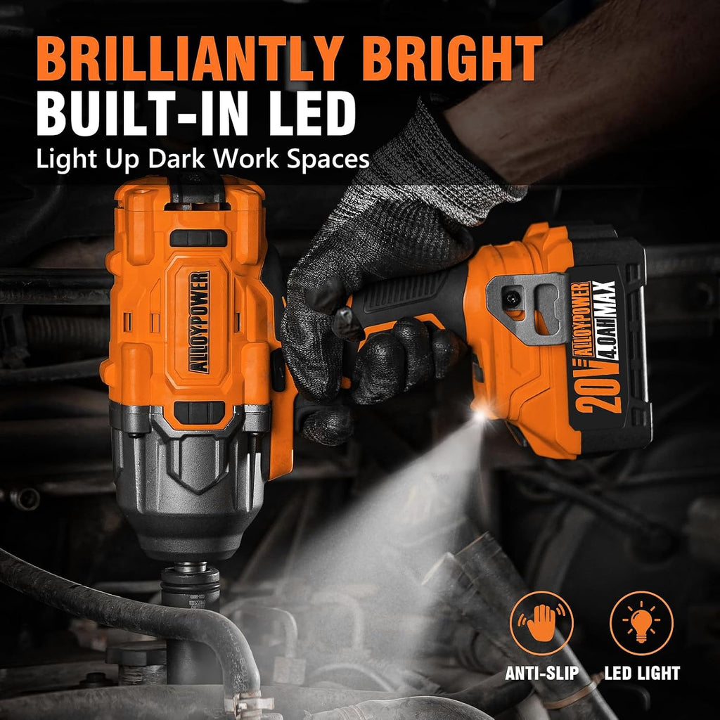 ALLOYPOWER Cordless Brushless Impact Wrench, 1475 ft-lbs (2000N.m), 1/2 High Torque power impact gun, 3-Mode Speed, 2*4000mAh Battery, 3 Sockets, Electric Impact Wrench Set for Car Tire Truck RV Mower