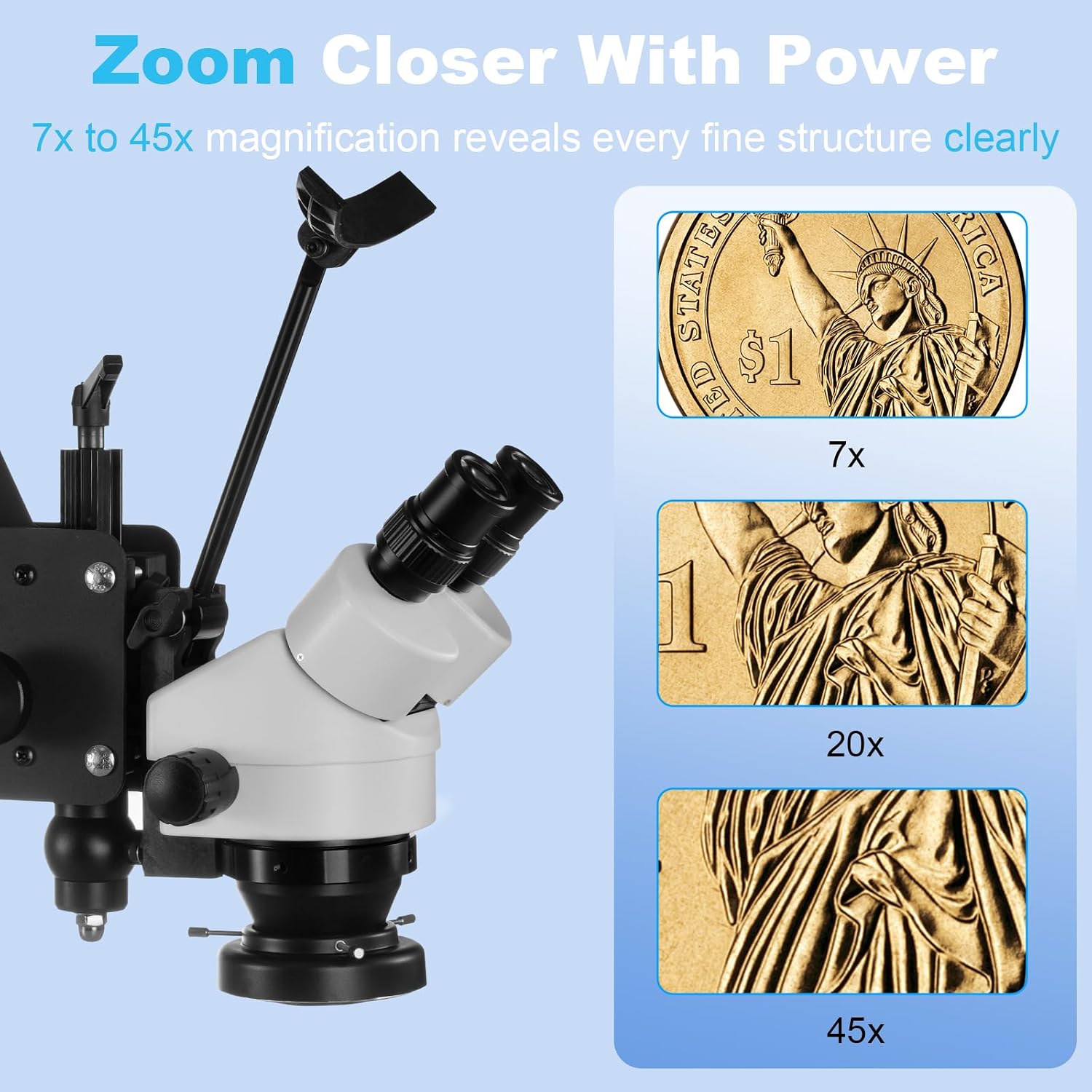 DZQ Jewelry Microscope, 7X-45X Magnification with Multi-Directional Spring Stand, 0.5X Barlow Lens, 60 Ring Light Illuminator & Dimmer Switch, Jewelers Microscope for Jewelry Engraving Setting Making