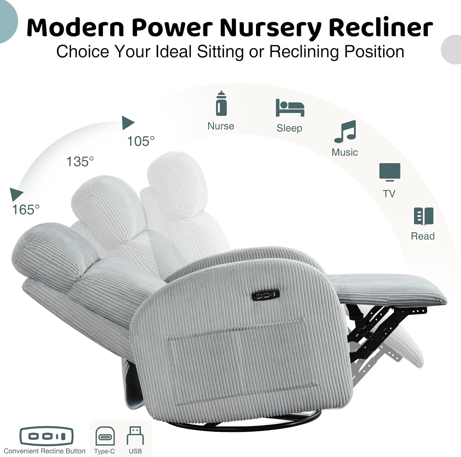Power Nursery Glider Recliner, Swivel Glider Recliner with USB & Type-C Port, Swivel Reclining Nursery Rocker with Double Pockets for Living Room, Grey,Corduroy
