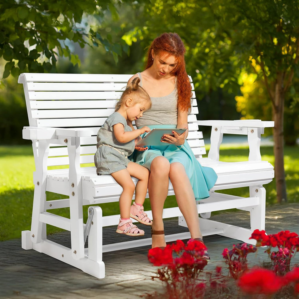 VINGLI Outdoor Glider Wood Patio Chair with Cup Holders, Outdoor Bench Glider Loveseat with Smooth Rocking Mechanism, Heavy Duty 800 LBS, White