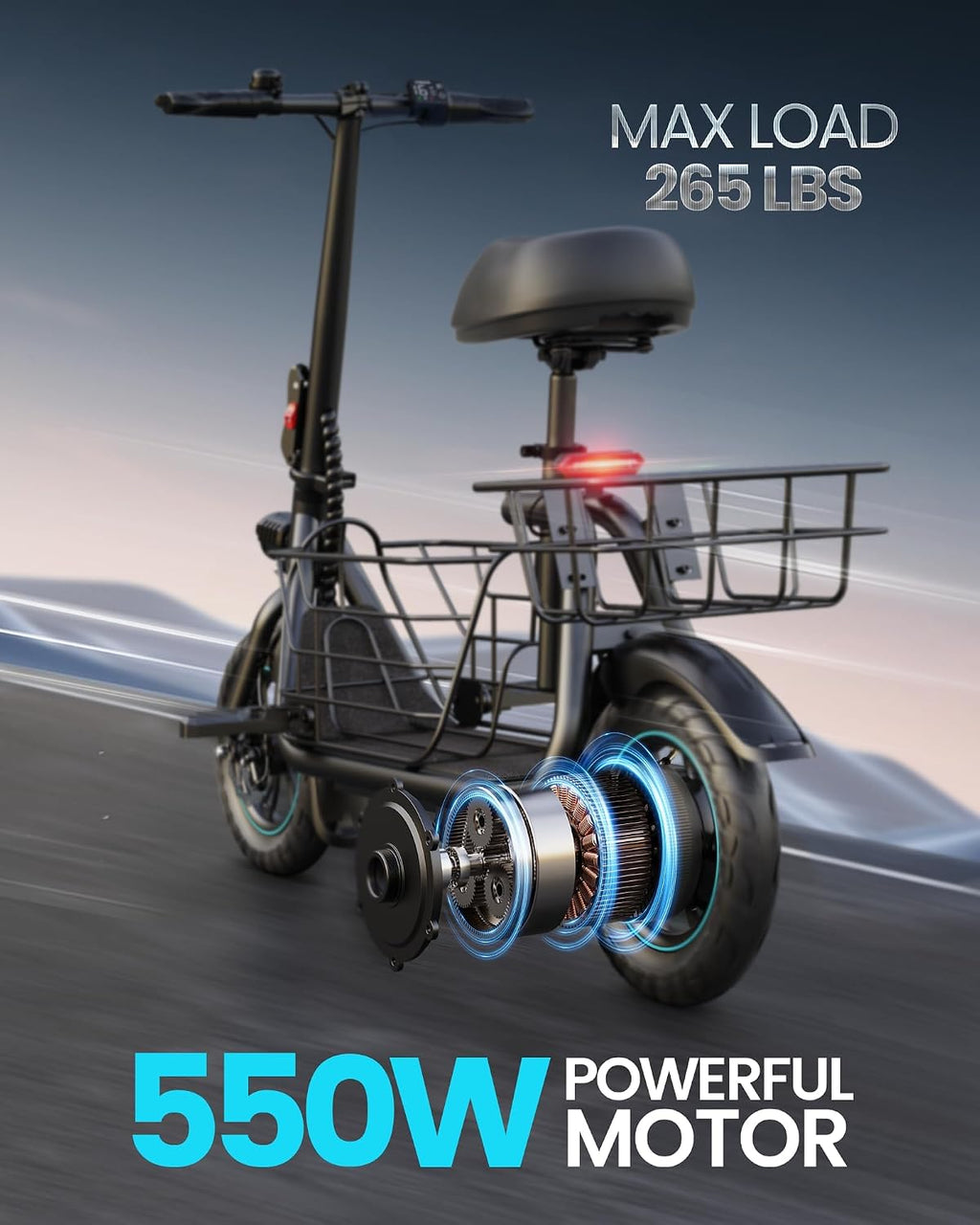 Gyroshoes C1S Electric Scooter for Adults with Seat & Large Basket, 550W Motor, 20 Mile Range, 19MPH, Foldable E-Scooter for Commuting, Pets Dog, Grocery Shopping
