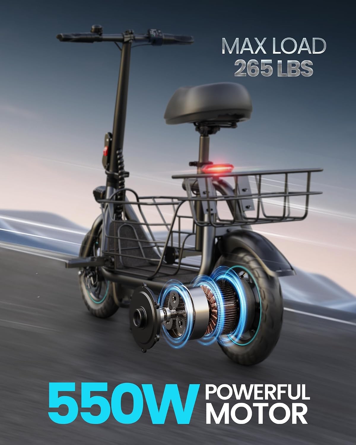 Gyroshoes C1S Electric Scooter for Adults with Seat & Large Basket, 550W Motor, 20 Mile Range, 19MPH, Foldable E-Scooter for Commuting, Pets Dog, Grocery Shopping