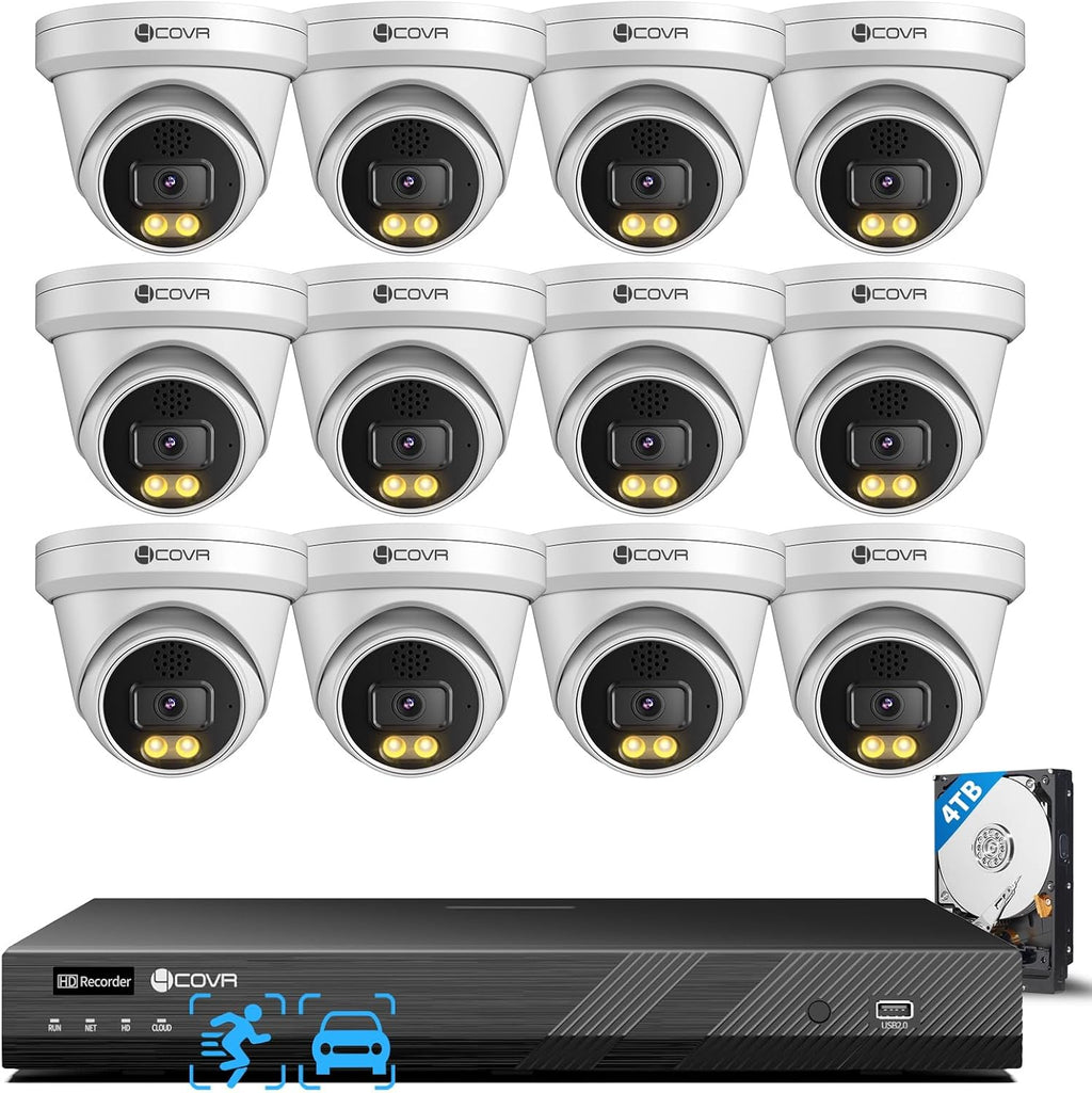 4COVR 12MP Security Camera System 16 Channel for Business, 12X 12MP Wired PoE IP Dome Cameras IP67, 2-Way Audio, Person Vehicle Detection & Smart Color Night Vision, UltraHD NVR 4TB HDD, LY97KAAM1612