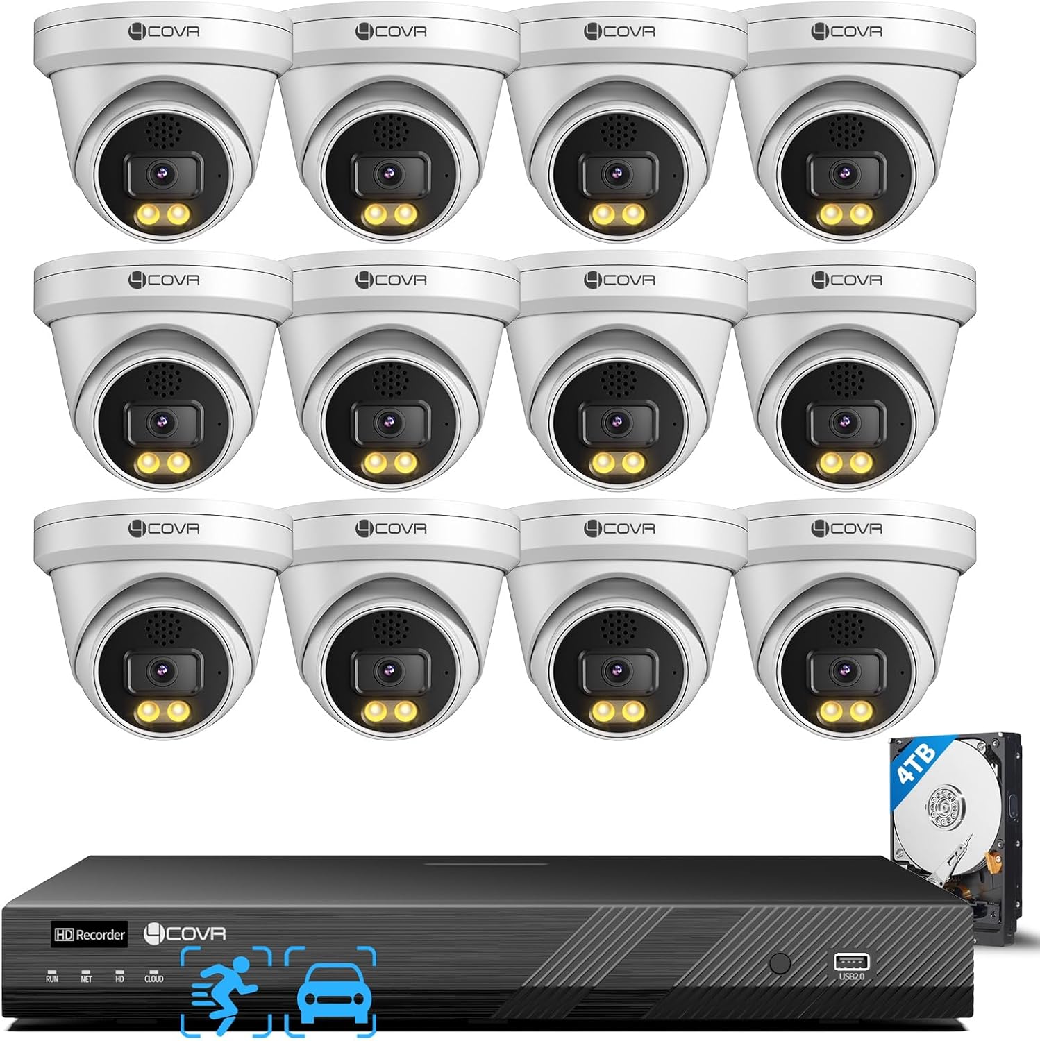 4COVR 12MP Security Camera System 16 Channel for Business, 12X 12MP Wired PoE IP Dome Cameras IP67, 2-Way Audio, Person Vehicle Detection & Smart Color Night Vision, UltraHD NVR 4TB HDD, LY97KAAM1612