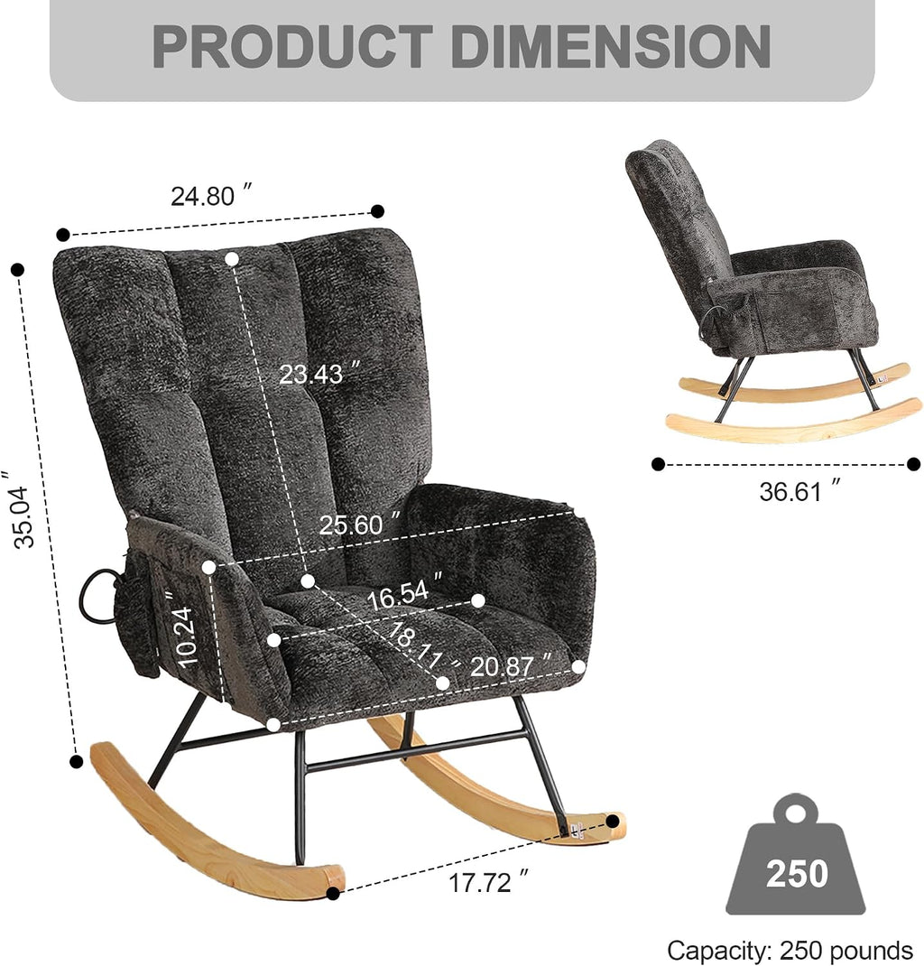 Rocking Chair Nursery with Airbag, Nursery Rocking Reading Chair Indoor, Cozy Upholstered Glider Rocker Chairs with High Backrest for Living Room Bedroom Offices(Chenille, Black)