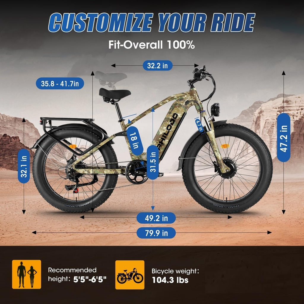 Falcon 60V 32AH Off-Road Electric Bike - 5000W Dual Motor Hunting Ebike, Fat Tire Full Suspension Dirt Bike for Adults, Long Range Snow/Sand Electric Bicycle