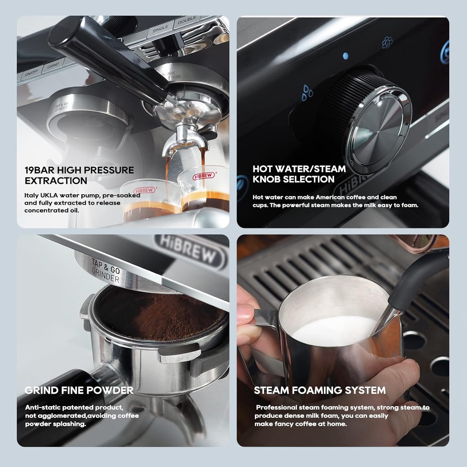 HIBREW H7 - Espresso Machine with Grinder, 58mm Coffee Machine with Milk Frother for Making Cappuccino, Latte, and American Coffee.