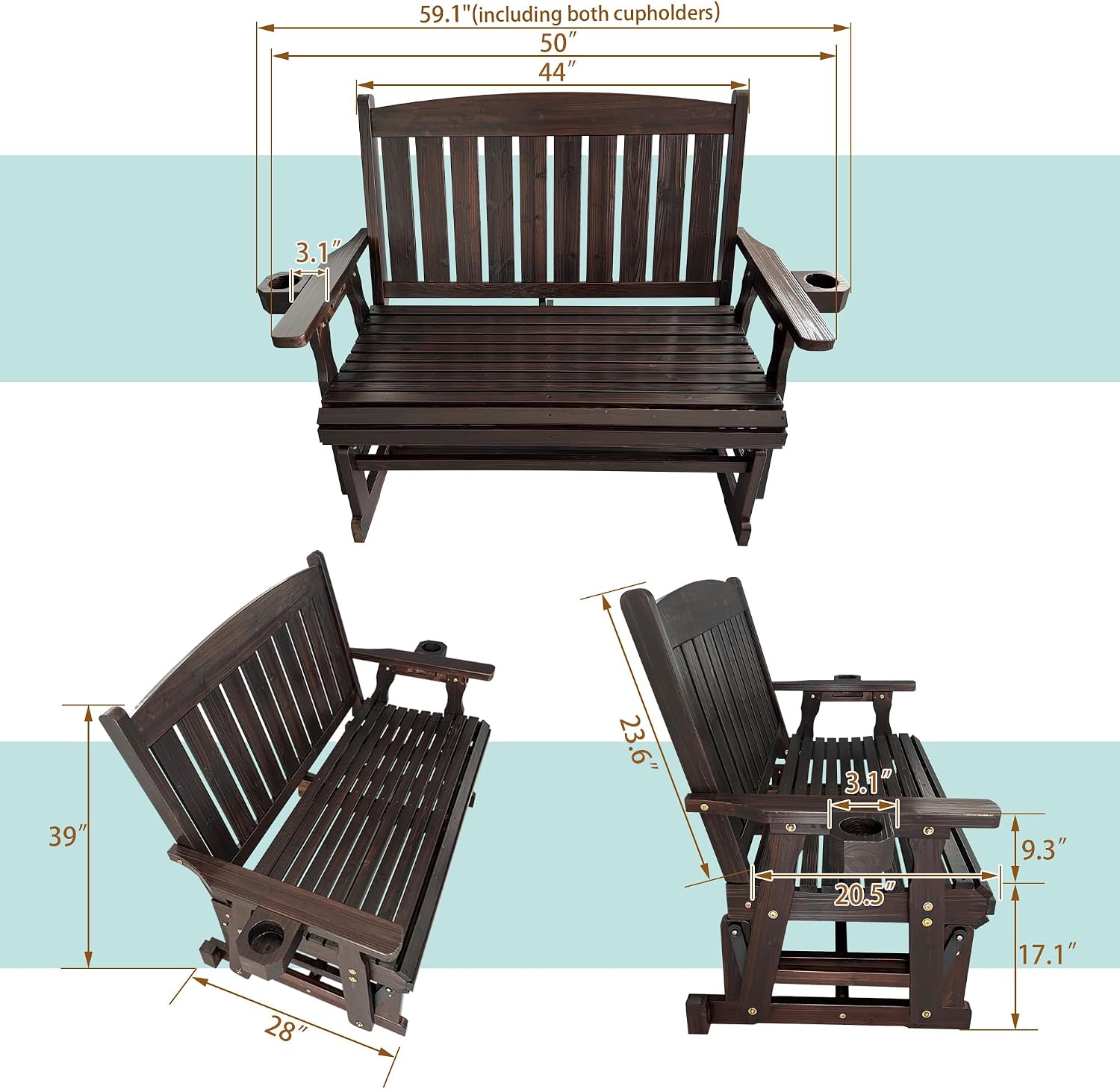 Fortune Candy Wooden Patio Glider for One Person, with High Back and Deep Contoured Seat, Solid Fir Wood, Heavy Duty 600 LBS (Deep Brown, 2-Seater)