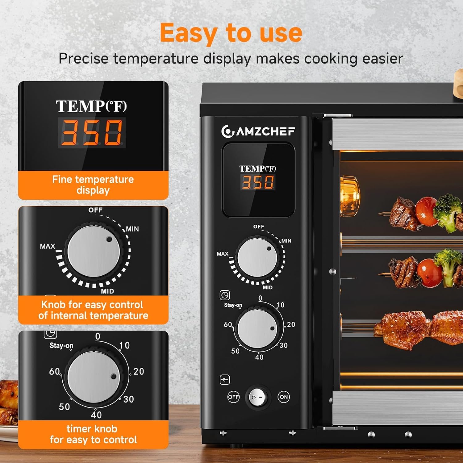 AMZCHEF Electric Rotisserie Grill with 2-in-1 Cooking Mode,34QT Rotisserie Oven with 360° Auto-Rotating Heating, Dual Skewers, Grilling Rack, Countertop Grill for Home, Restaurant, Kitchen Parties
