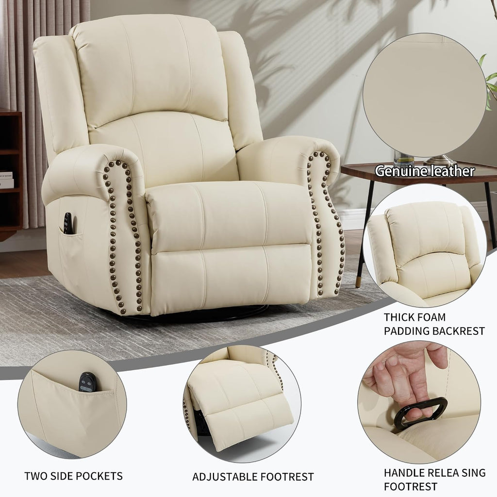 PELUMY Breathable Leather Swivel Rocking Recliner Chair for Adults, 360° Swivel Glider Rocker with Heat & Vibrating Massage, Lounge Chair for Living Room, Bedroom, Nursery (Creamy Beige)