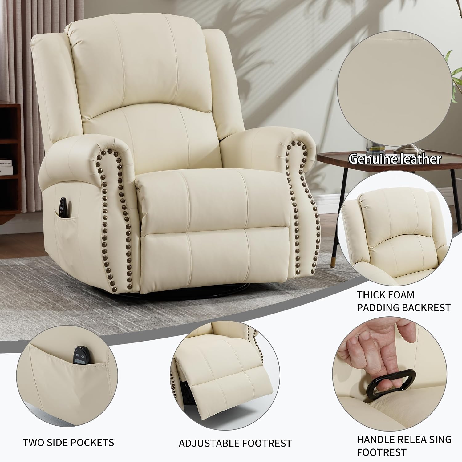 PELUMY Breathable Leather Swivel Rocking Recliner Chair for Adults, 360° Swivel Glider Rocker with Heat & Vibrating Massage, Lounge Chair for Living Room, Bedroom, Nursery (Creamy Beige)