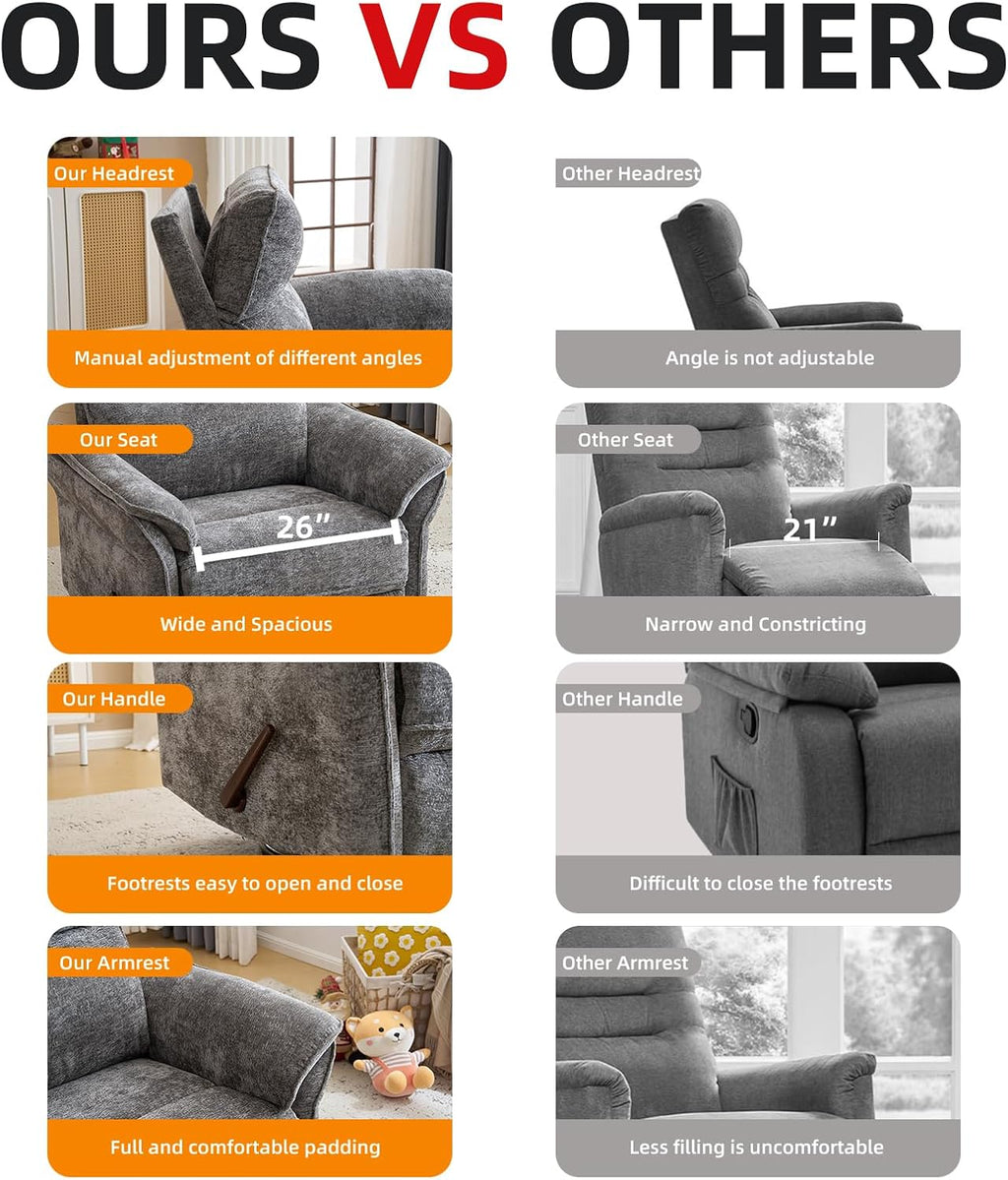 Oversized Glider Rocker Recliner, 26' Extra Wide 360° Swivel Nursery Recliner with Adjustable Headrest, Chenille Rocking Nursery Chair with Overstuffed Armrest, Lumbar Support, Dark Grey