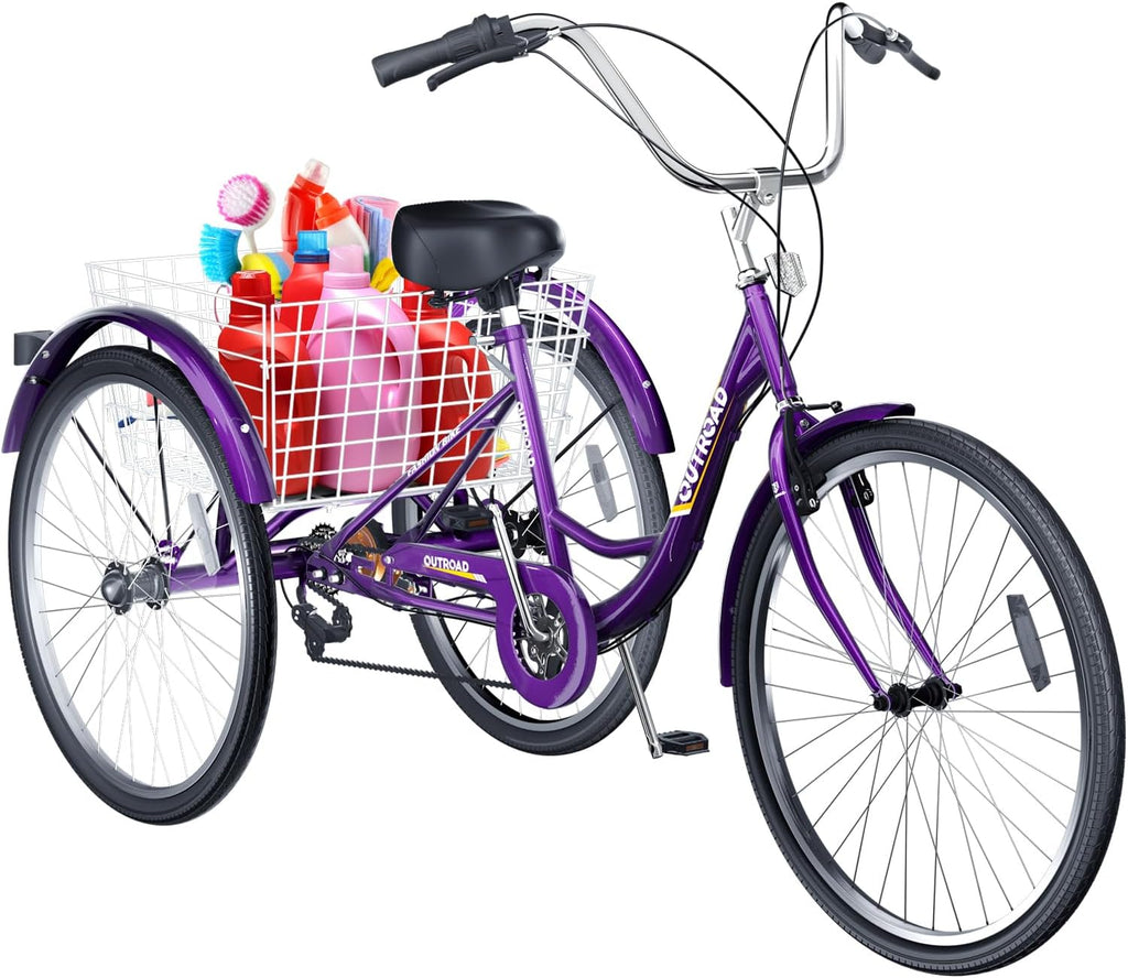 1 Speed Adult Tricycle, 24/26 inch Cruiser Trike with Large Basket for Women Men Seniors, 3 Wheel Bike for Outdoor, Shopping, Recreation, Picnic (Red/Blue/Purple)